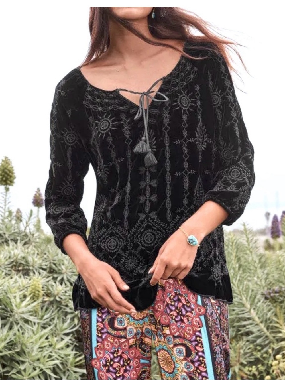 Johnny Was Althea Velvet Peasant Blouse Embroidered Black Size S